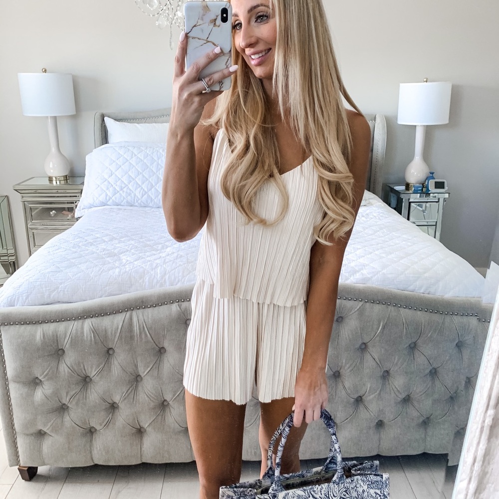 LAST ONE!! (Large) Champagne Pleated Satin Romper - Picture 7 of 14